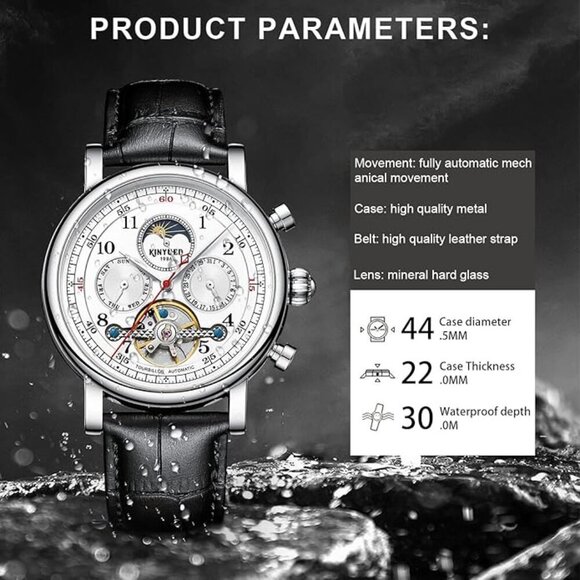 44mm Mechanical Skeleton Wrist Watch with Calendar,Week, Moon Phase, Tourbillon - Picture 6 of 6